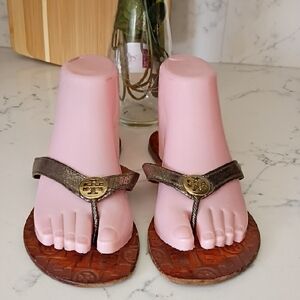 TORY BURCH Brown and Gold Sandals with Logo